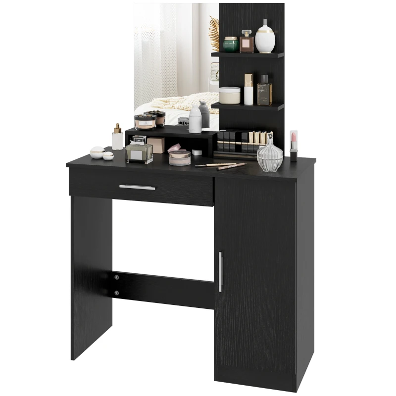 HOMCOM Vanity Desk with Mirror, Makeup Vanity w/ Drawer, Open Compartment and Shelves, Cabinet, Adjustable Shelves for Bedroom