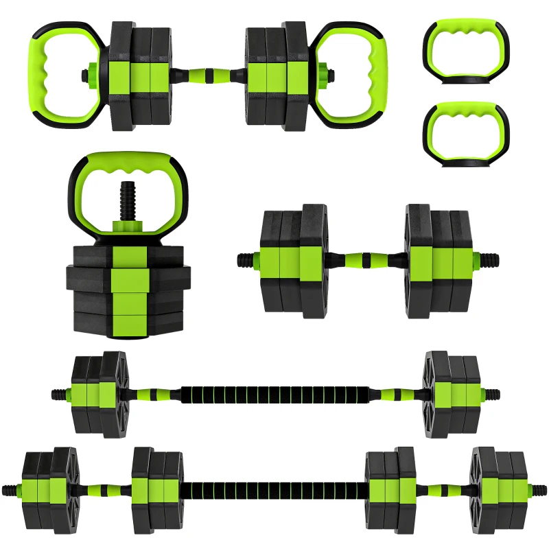 Soozier 6-in-1 Adjustable Dumbbell Set, Used as Kettlebell, Barbell, Dumbbell, Push-Up Stand, 44lbs Free Weights Set, Green