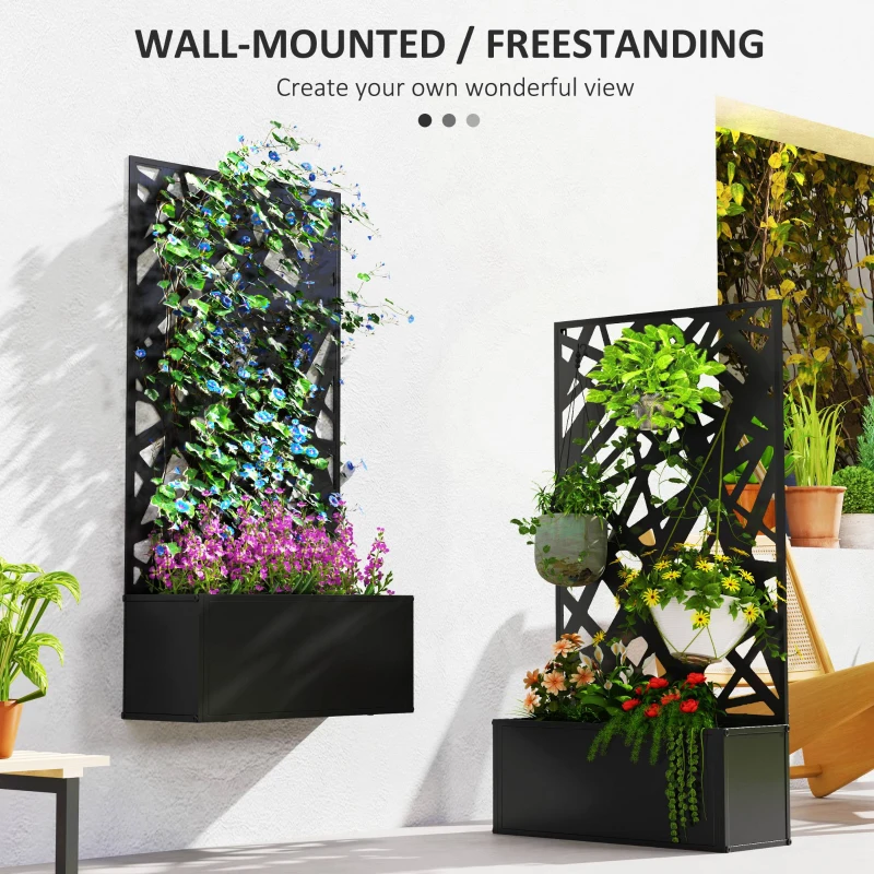 Outsunny Raised Garden Bed with Trellis, Freestanding/Wall Mounted Metal Garden Box with Privacy Panel, Irregular Line Cut-Outs