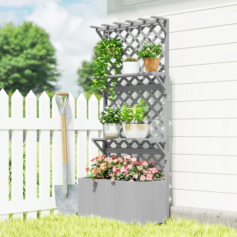Outsunny Raised Garden Bed, Wooden Planter with Trellis, Hanging Roof, Plant Shelf, Drainage Holes and Bed Liner, Grey