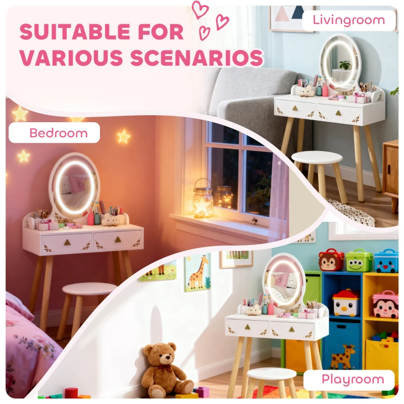 Qaba Kids Vanity Set with Mirror, Stool, 3-Colour LED Lights, Girls Dressing Table Pretend Play for Kids Room, Pink