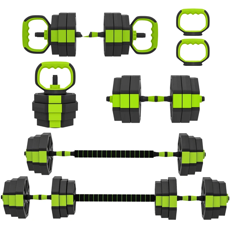 Soozier 4-in-1 Adjustable Dumbbell Set, Used as Kettlebell, Barbell, Dumbbell, Push-Up Stand, 66lbs Free Weights Set, Green