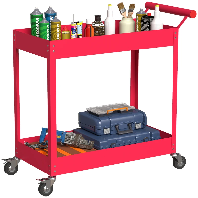 DURHAND Rolling Tool Cart, 2 Tier Mobile Service Utility Cart with Wheels, Red