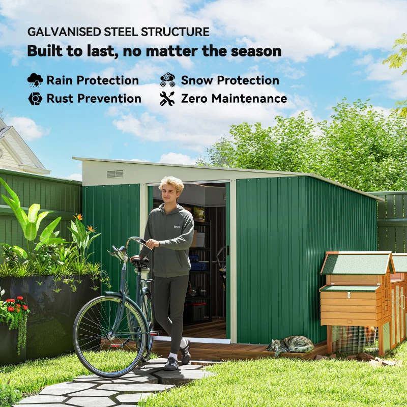 Outsunny 11' x 9' Steel Garden Storage Shed, Outdoor Metal Tool House with Double Sliding Doors & 2 Air Vents, Green
