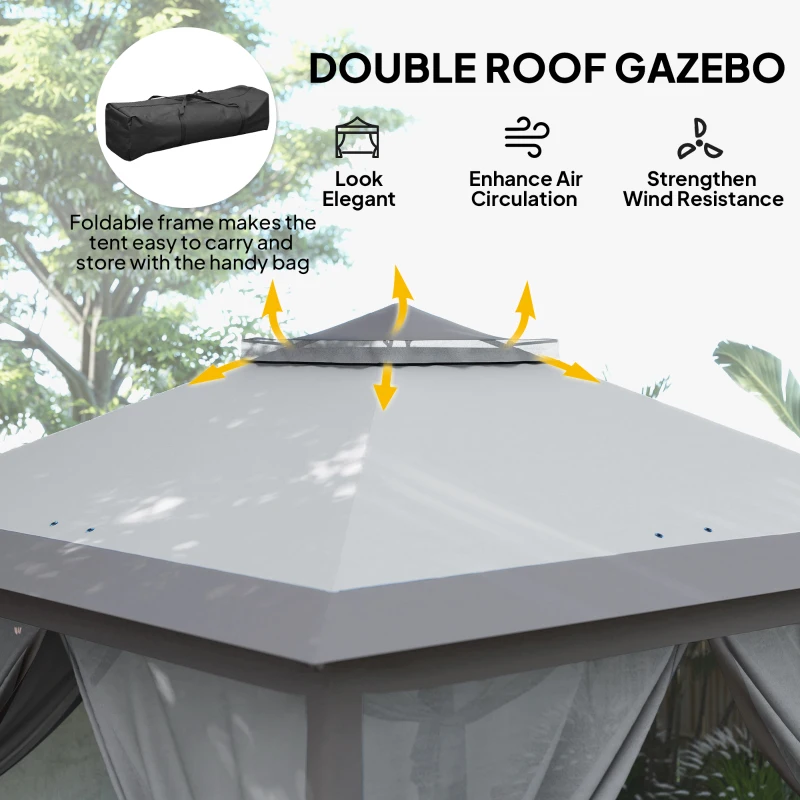 Outsunny 11' x 11' Pop Up Canopy, Double Roof Foldable Canopy Tent with Zipper Mesh Sidewalls, Height Adjustable and Carrying Bag, Event Tent for Patio Garden Backyard, Grey