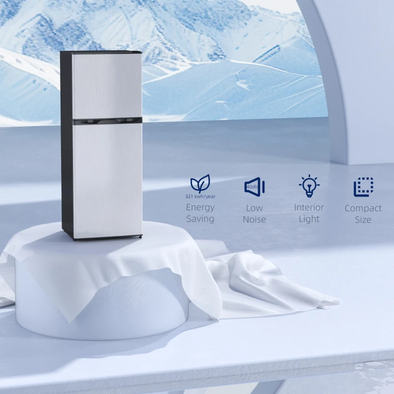 HOMCOM Double Door Mini Fridge with Freezer, 4.6 Cu.Ft Small Refrigerator with Thermostat, Shelves, Reversible Door, Silver