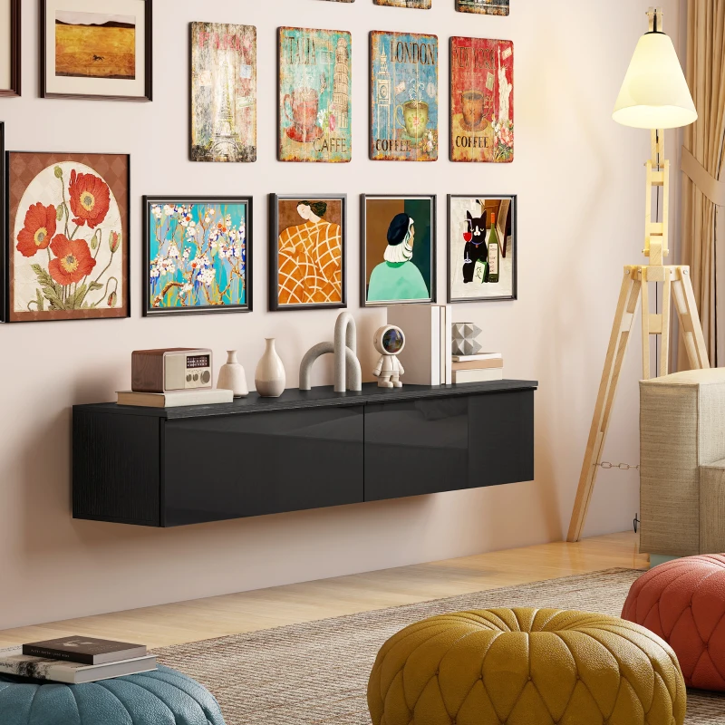 HOMCOM Wall Mounted TV Stand, Floating TV Cabinet with Storage, for TVs up to 70", High Gloss Effect, Black