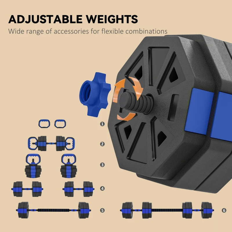 Soozier 6-in-1 Adjustable Dumbbell Set, Used as Kettlebell, Barbell, Dumbbell, Push-Up Stand, 66lbs Free Weights Set, Blue