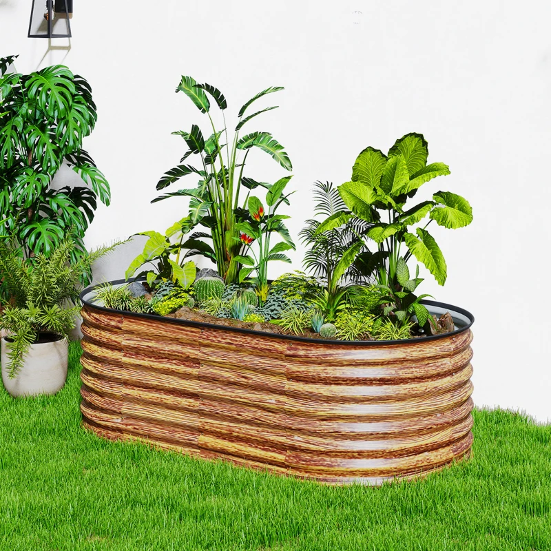 Outsunny 5 x 2.5 x 2 ft Galvanized Raised Garden Bed, Easy DIY Oval Planter Box with Safety Edging and Gloves, Brown Wood Effect