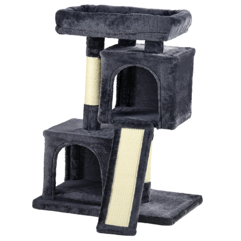 PawHut Plush Cat Tree Tower w/ Sisal Scratching Post Board Perch Condo Dark Grey
