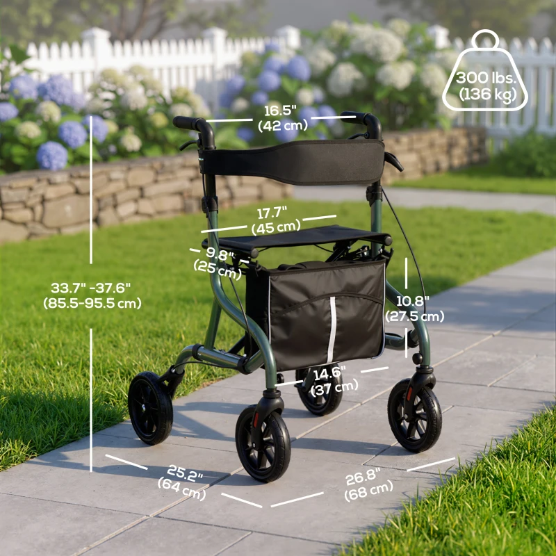 HOMCOM Foldable Rollator Walker with Seat for Seniors, Lightweight Rolling Walker with Adjustable Handles, Green