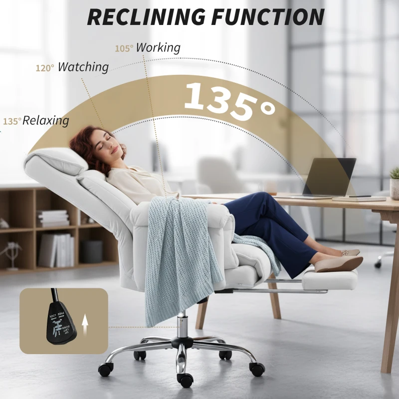 HOMCOM High Back Office Chair, Reclining Desk Chair with Footrest, High Resilience Foam, Rolling Wheels, Cream White