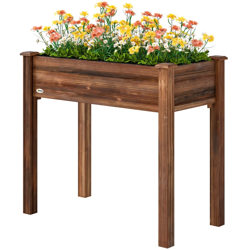 Outsunny 34" x 18" x 30" Wooden Patio Raised Garden Bed Planter, Elevated Planter Box with Legs, Carbonized