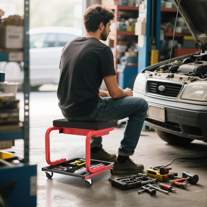 HOMCOM Rolling Garage Stool, 300 LBS Capacity Mechanic Stool with, Tool Trays Storage, Drawer, Black