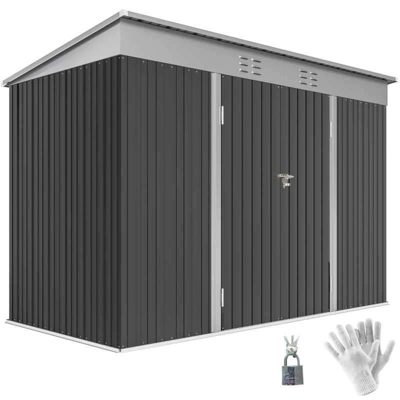 Outsunny 9' x 4' Galvanized Steel Garden Storage Shed with Lockable Doors, Gloves and 2 Air Vents for Backyard, Patio, Lawn
