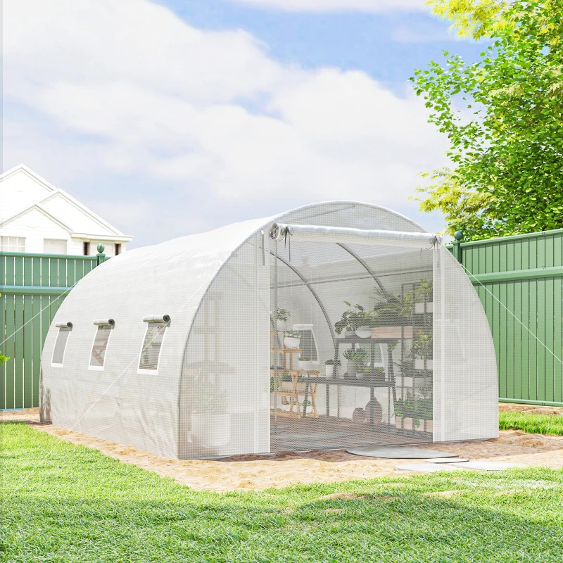 Outsunny Walk-in Tunnel Greenhouse, Plant Hot House w/ Support Rods, Roll-up Mesh Door, Mesh Windows, 13'x9.8'x6.6', White