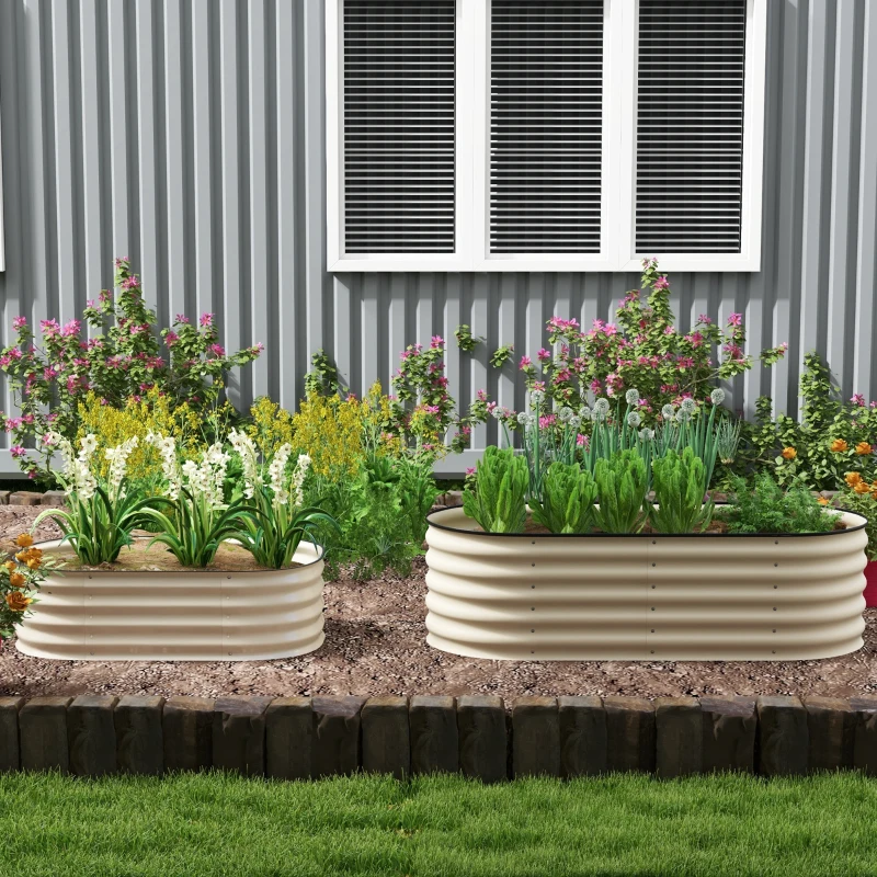Outsunny 5 x 2 x 1.5 FT Galvanized Steel Raised Garden Bed, Metal Garden Bed Planter Box with Safety Edging, Cream White