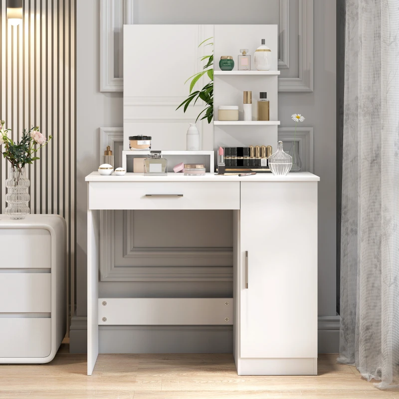 HOMCOM Vanity Desk with Mirror, Makeup Vanity w/ Drawer, Open Compartment and Shelves, Cabinet, Adjustable Shelves for Bedroom