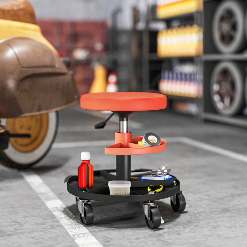 HOMCOM Rolling Garage Stool, 300 LBS Capacity Mechanic Stool with 2.5" Wheels, Tool Trays Storage, Adjustable Height, Orange