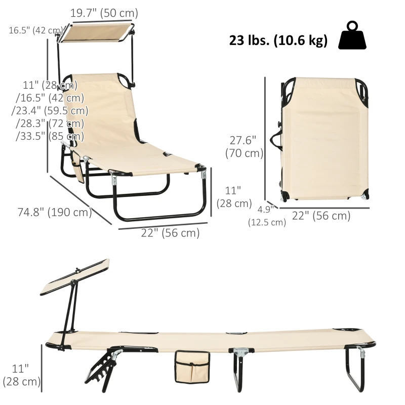 Outsunny 2 Piece Folding Outdoor Chaise Lounges, Pool, Sun, Tanning Chairs with Reclining Back, Sunshade for Beach, Patio, Tan