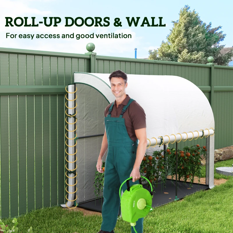 Outsunny Walk-in Lean-to Greenhouse, Outdoor Gardening Green House with Zipper Roll-up Doors and Window, 7' x 3' x 5', White