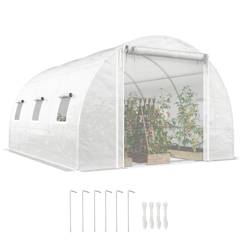 Outsunny Walk-in Tunnel Greenhouse, Plant Hot House w/ Support Rods, Roll-up Mesh Door, Mesh Windows, 13'x9.8'x6.6', White