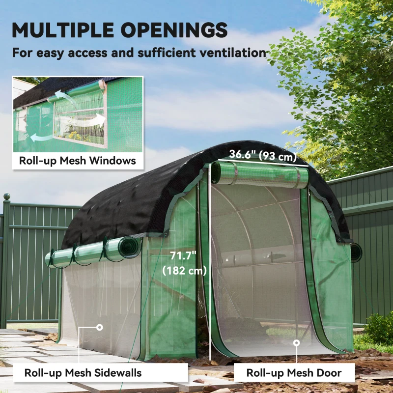 Outsunny Walk-in Tunnel Greenhouse, Plant Hot House with Sunshade Net, Roll-up Mesh Sidewalls, 2 Doors, 6.6' x 10' x 6.5' , Green