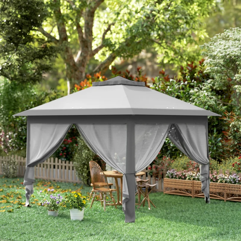 Outsunny 11' x 11' Pop Up Canopy, Double Roof Foldable Canopy Tent with Zipper Mesh Sidewalls, Height Adjustable and Carrying Bag, Event Tent for Patio Garden Backyard, Grey