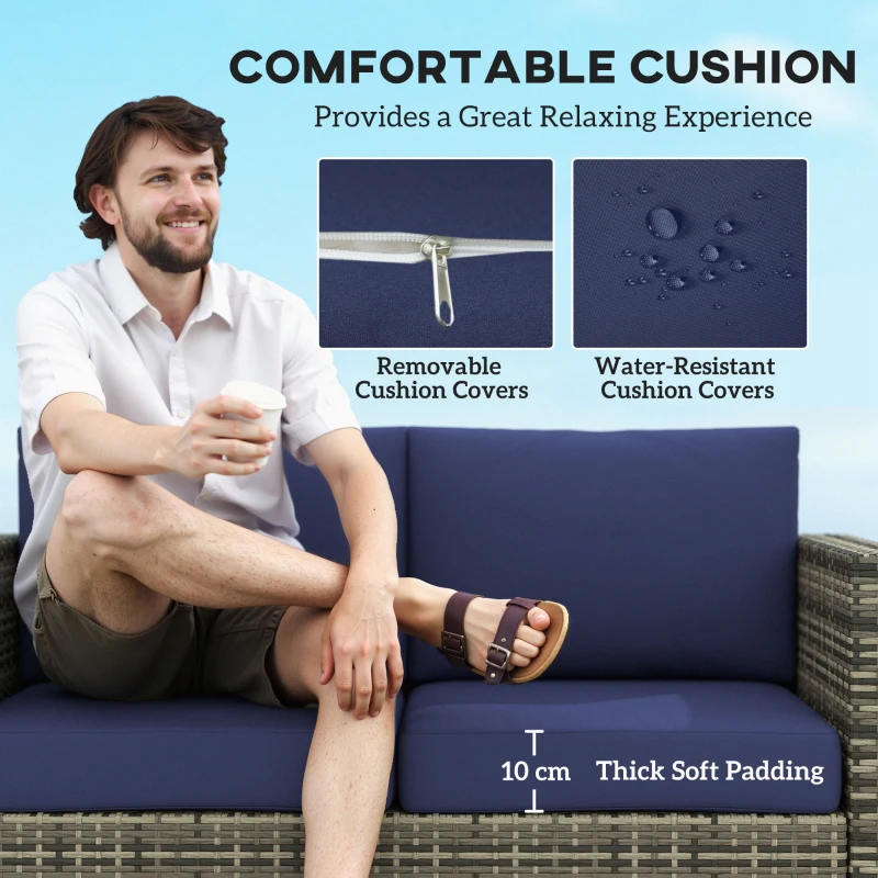 Outsunny Wicker Outdoor Sofa, All Weather Patio Couch Loveseat with Cushions for Balcony, Deck, Garden, Poolside, Dark Blue