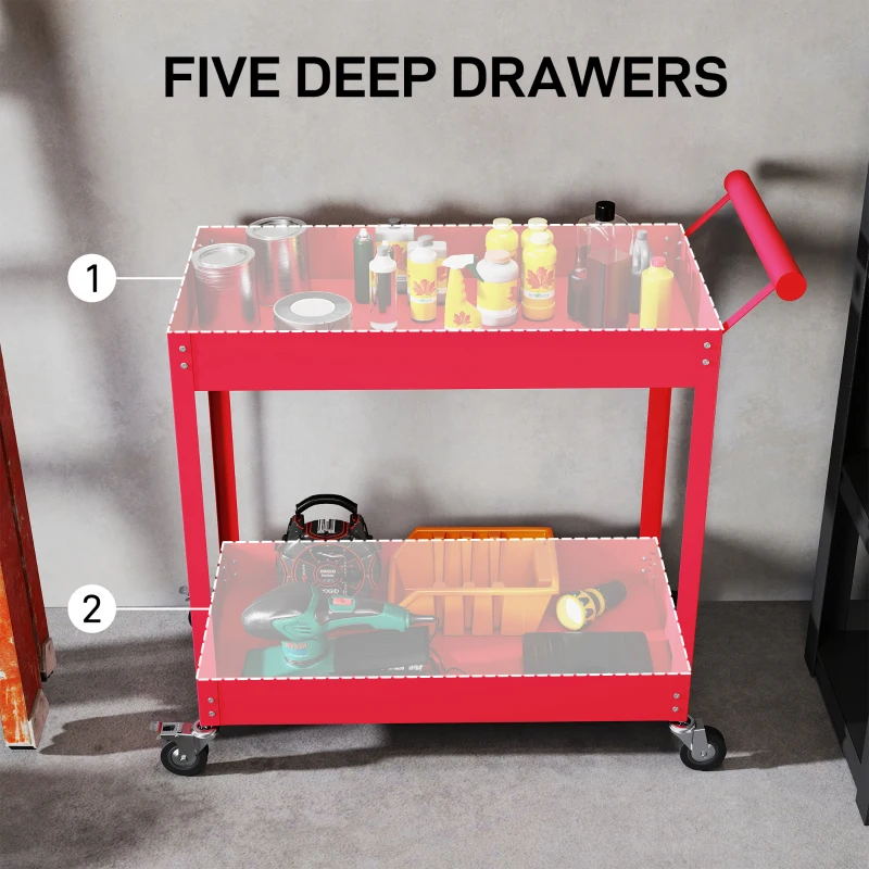 DURHAND Rolling Tool Cart, 2 Tier Mobile Service Utility Cart with Wheels, Red