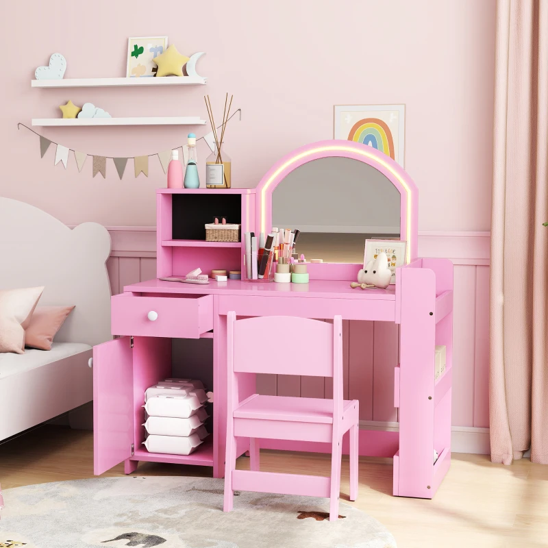 Qaba Kids Vanity Set, Toddler Dressing Table and Chair Set  with Lighted Mirror, Cabinet, Drawer and Shelves, Pink