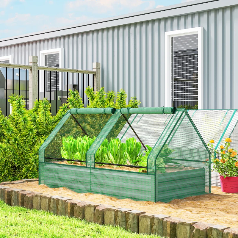 Outsunny 6' x 3' Metal Planter Box with Cover, Raised Garden Bed with Mini Greenhouse for Herbs, Vegetables, Green and Dark Grey