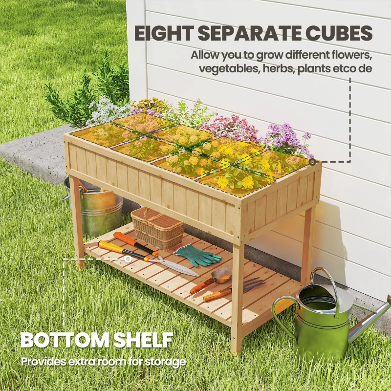 Outsunny 43.25" x 18" x 30" Raised Garden Bed, Wooden Plant Stand with 8 Grid Box, Storage Shelf for Outdoor, Natural Wood Colour