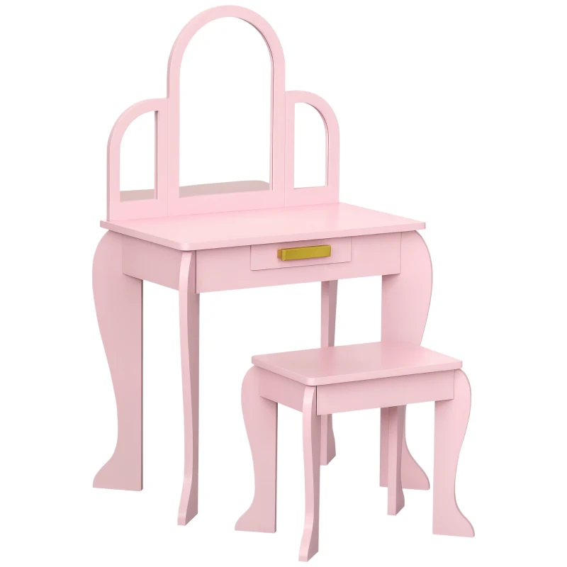 Qaba Kids Dressing Table and Chair Set, Girls Dressing Set, Makeup Desk with Drawer for 3-6 Years Old Kids, Pink