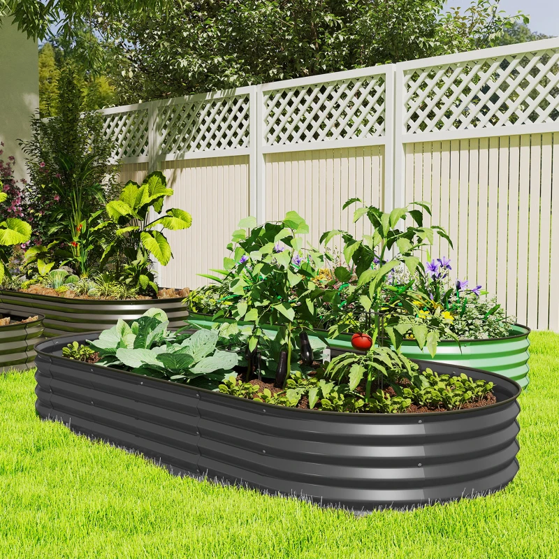 Outsunny 7' x 3' x 1' Large Outdoor Planter Box, Galvanized Raised Garden Bed with Metal Plant Stake, Dark Grey