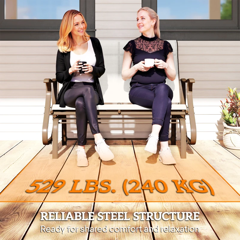 Outsunny Garden Double Gliding Chair, Patio Glider Armchair for Outdoor, Backyard Mesh Seat and Backrest, Steel Frame Cream White