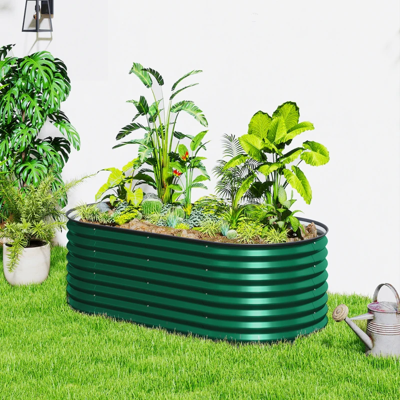 Outsunny 5 x 2.5 x 2 ft Galvanized Raised Garden Bed, Easy DIY Oval Planter Box with Safety Edging and Gloves, Dark Green