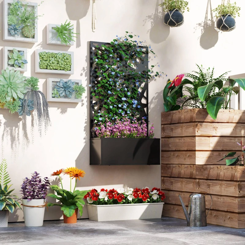 Outsunny Raised Garden Bed with Trellis, Freestanding/Wall Mounted Metal Garden Box with Privacy Panel, Irregular Line Cut-Outs