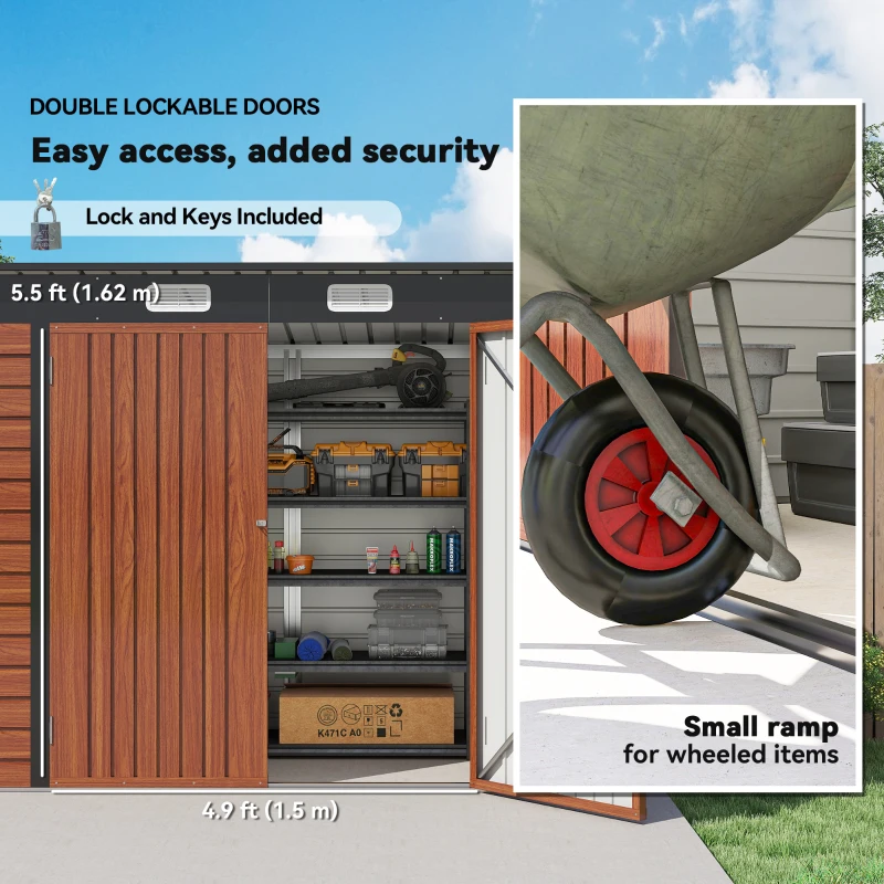 Outsunny 8 x 4FT Galvanized Garden Storage Shed, Metal Outdoor Shed with Double Doors and 2 Vents, Teak