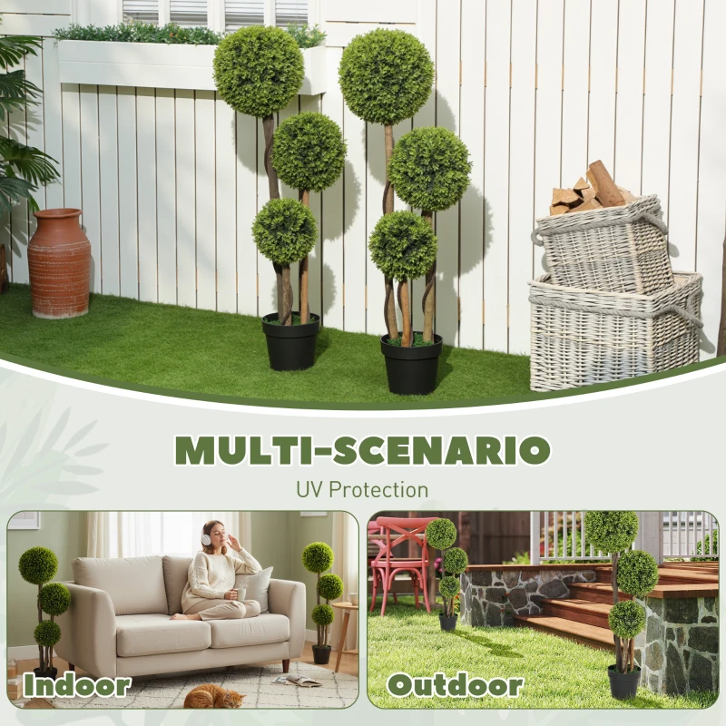HOMCOM 45 Inch Potted Fake Plant Set of 2, Artificial Boxwood Topiary Tree, Triple Ball Tree for Indoor and Outdoor, Green