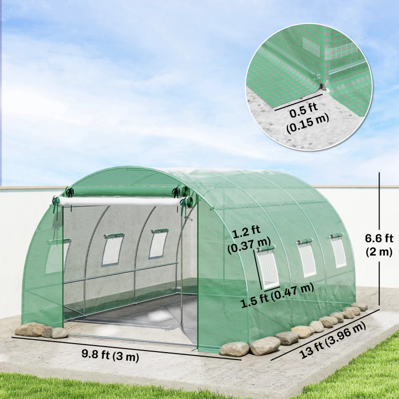 Outsunny Walk-in Greenhouse with with UV/Wind Resistant, Plant Hot House w/ Support Rods, Roll-up Mesh Door, Mesh Windows, 13'x9.8'x6.6', Green