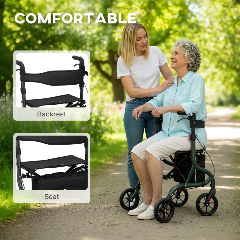 HOMCOM Foldable Rollator Walker with Seat for Seniors, Lightweight Rolling Walker with Adjustable Handles, Green