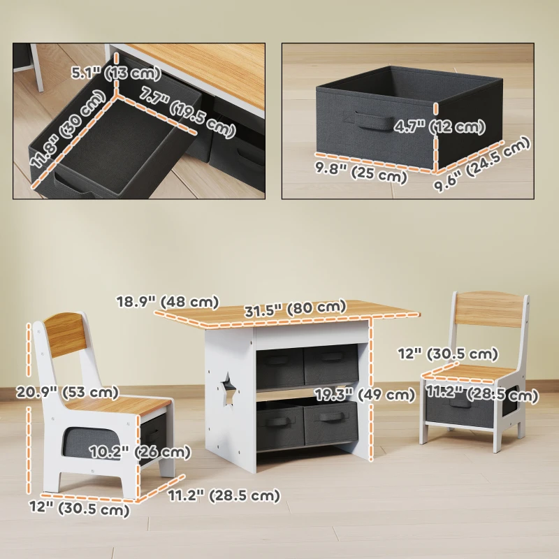 Qaba 3 Piece Kids Table and Chair Set with 6 Removable Drawers, for Classroom, Living Room, Bedroom, Nursery, Natural