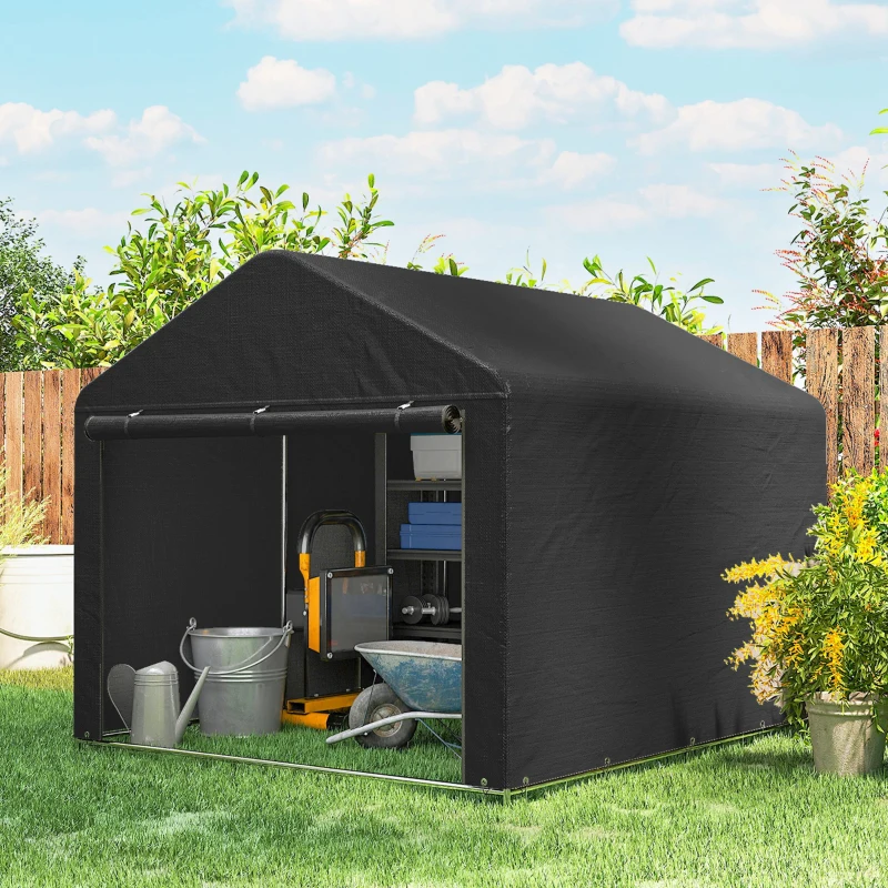 Outsunny 6.6' x 7.8' Portable Shed, Waterproof Bike Tent with Roll-up Zipper Door and Reinforced Galvanised Steel Frame, Black
