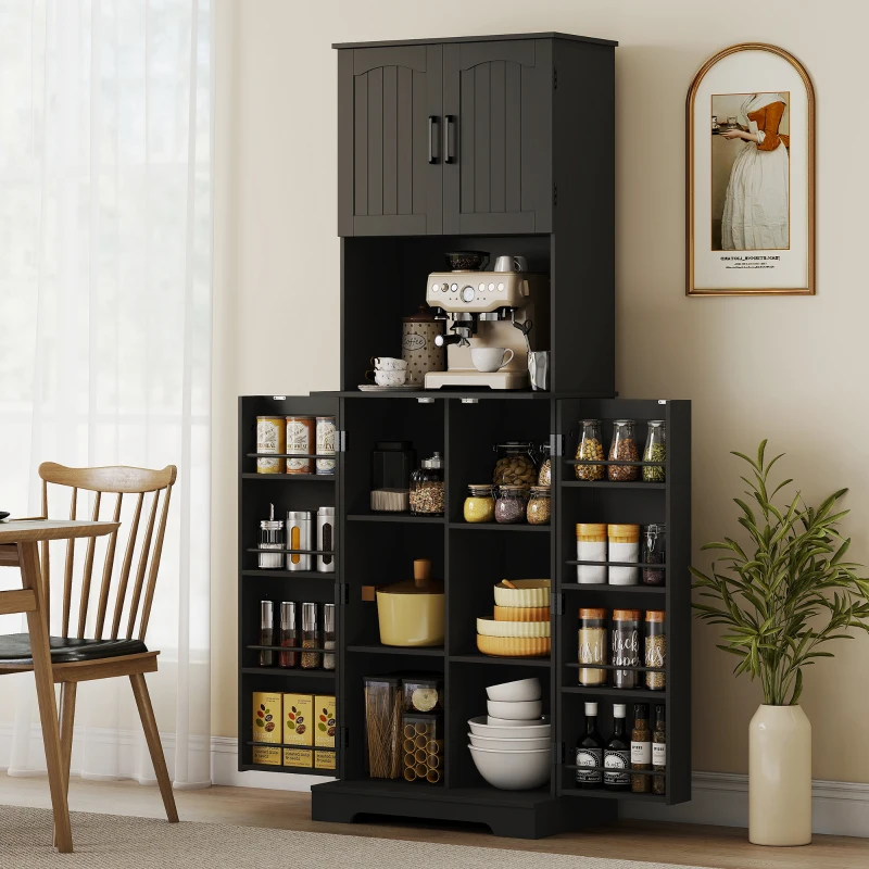 HOMCOM 71.5" Tall Pantry Cabinet, Farmhouse Kitchen Storage Cabinet with Adjustable Shelves, 8 Door Spice Racks, Black
