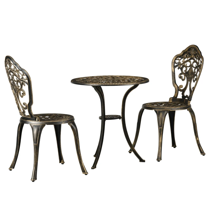 Outsunny Outdoor 3 Piece Garden Bistro Set, 2 Chairs and A Round Coffee Table with Parasol Hole for Balcony, Patio, Bronze
