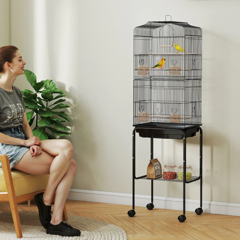 PawHut 60" Metal Indoor Bird Cage Starter Kit with Detachable Rolling Stand, Storage Basket, and Accessories, Black