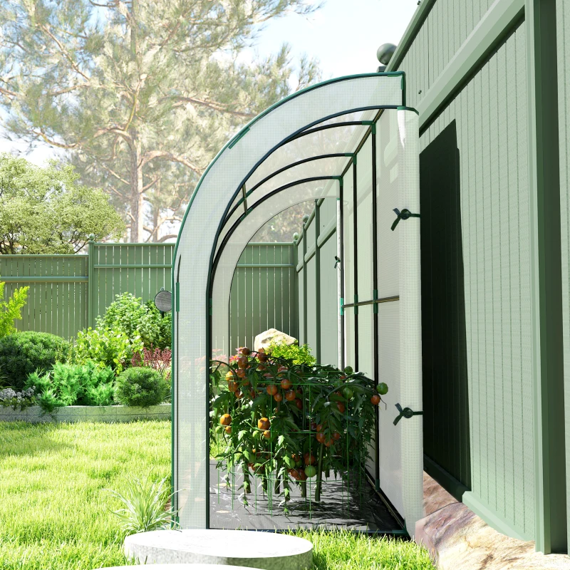 Outsunny Walk-in Lean-to Greenhouse, Outdoor Gardening Green House with Zipper Roll-up Doors and Window, 10' x 3' x 5', White