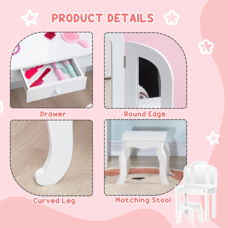 Qaba Kids Vanity Table & Chair Set, Girls Dressing Set, Make Up Desk with Tri-folding Mirrors, Drawer, White