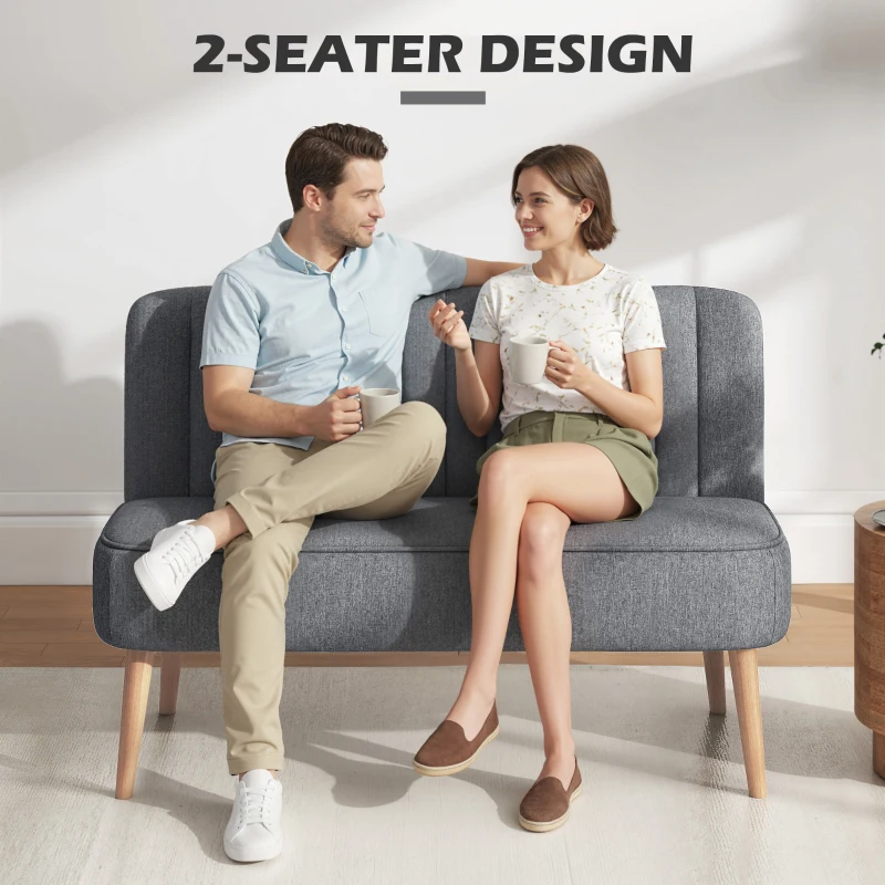 HOMCOM Modern 2 Seater Sofa, Upholstered Two Seater Couch with Rubber Wood Legs, Grey